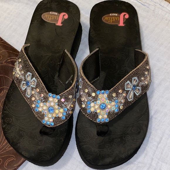 Justin Boots Women's Black and Blue Embellished Sandals - Picture 1 of 7